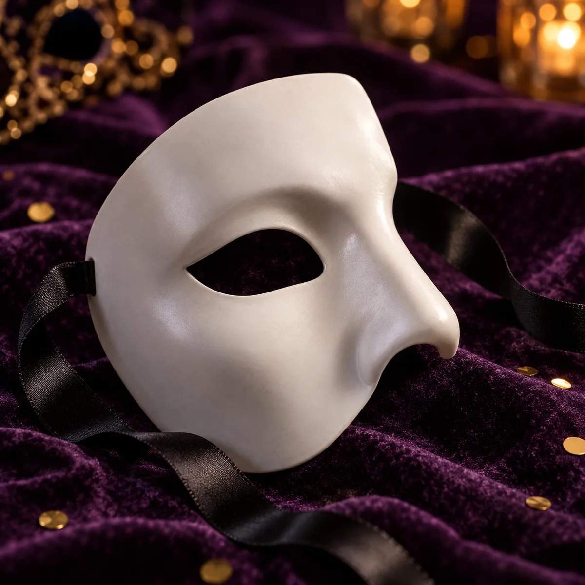 White Phantom-style half mask on purple velvet for the Halloween Ball